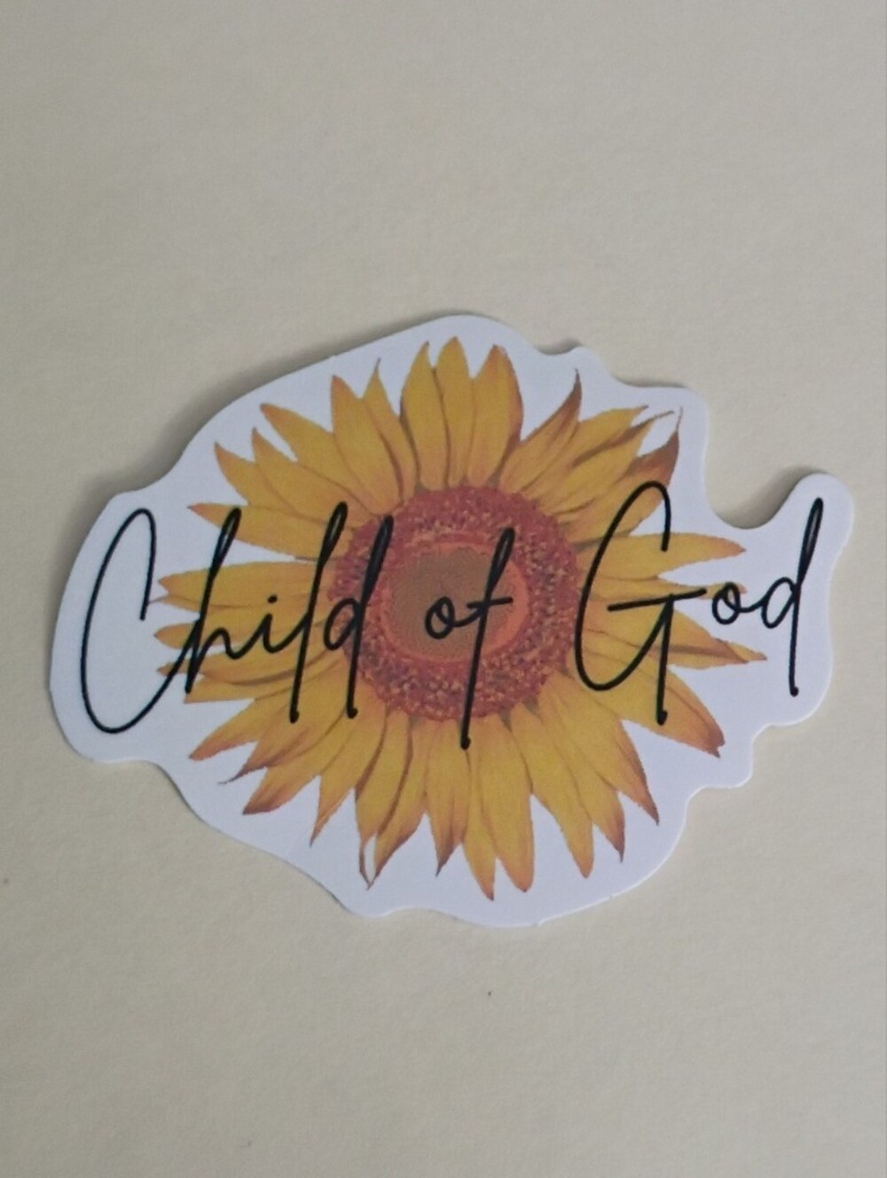 10/$10 Sticker - Child Of God - Black Cursive Text & Sunflower